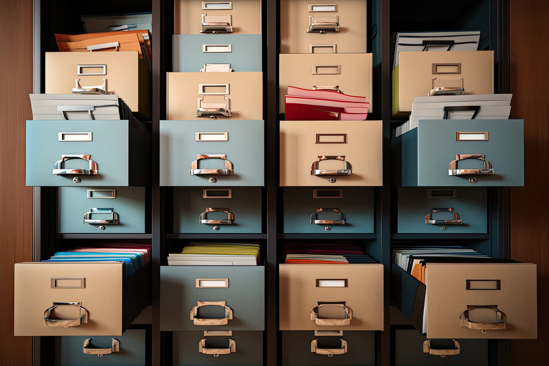 busy filing cabinets with an excess of files show open drawers